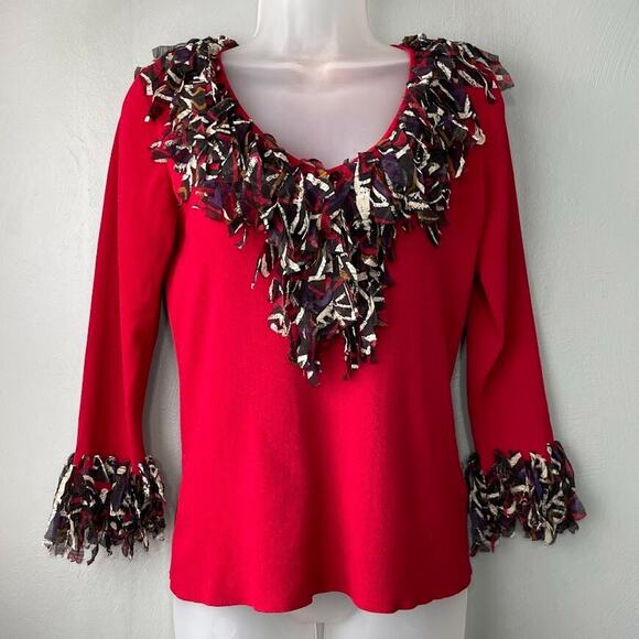 Ruby Rd Size Medium Red 3/4 Sleeve Maximalist Artsy Whimsy Funky Sweater Top - Picture 1 of 9